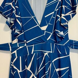 Elegant Blue and White Geometric Dress
